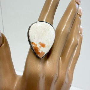 Hand Crafted Scolecite‎ Orange Calcite Silver Plated Statement Ring Size 6
